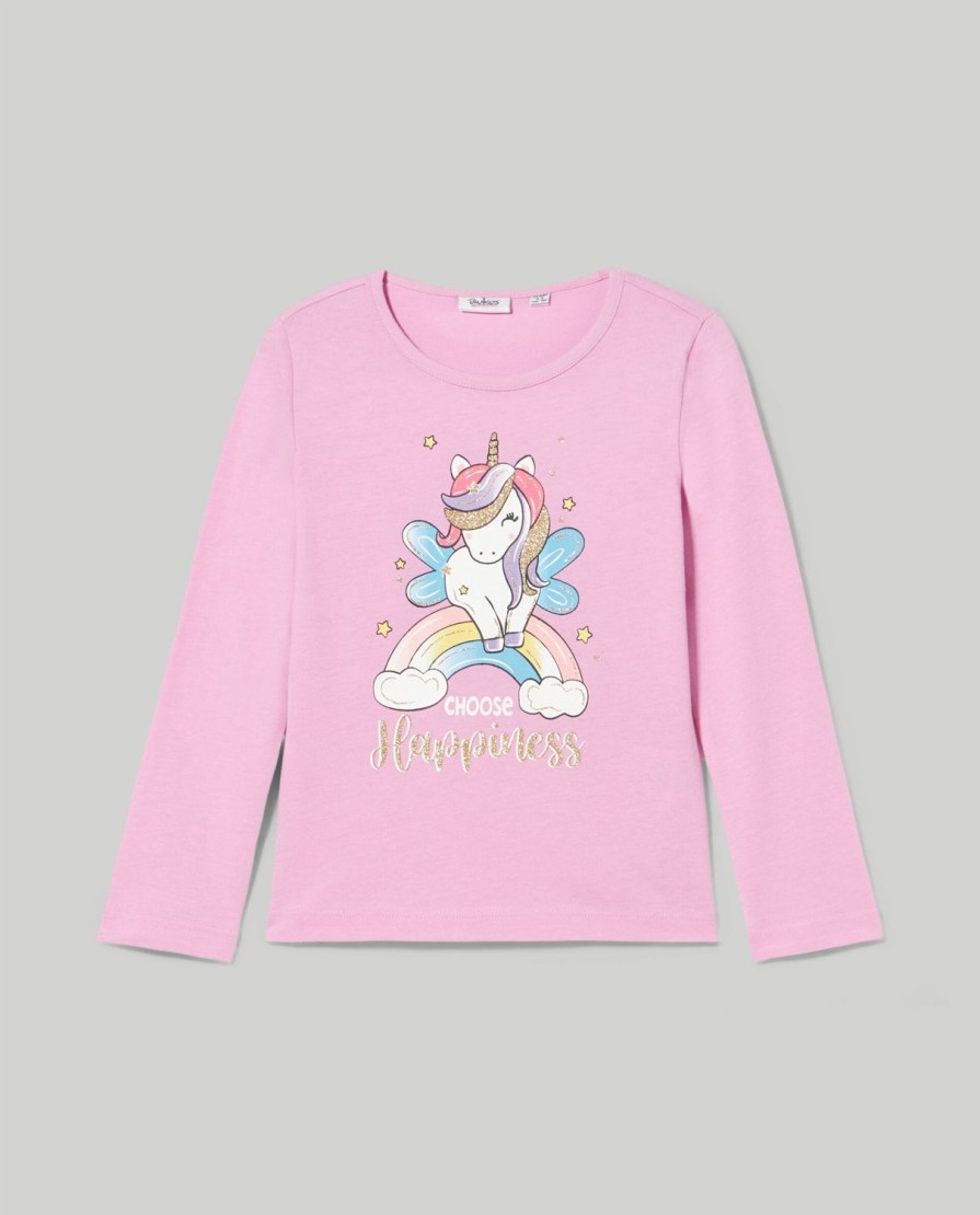 Bambini Blukids Magliette | T-Shirt Lunga In Puro Cotone Con Stampa Glitter Bambina