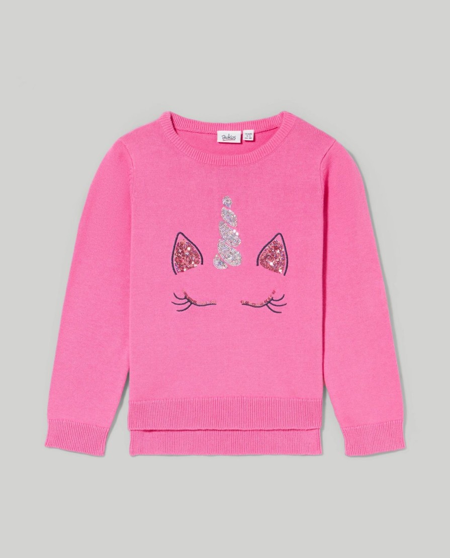 Bambini Blukids Maglioni | Tricot Girocollo In Puro Cotone Con Paillettes Bambina