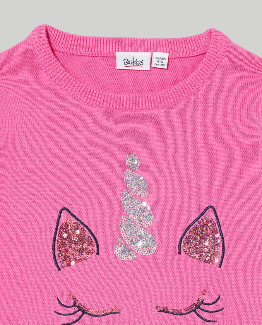 Bambini Blukids Maglioni | Tricot Girocollo In Puro Cotone Con Paillettes Bambina