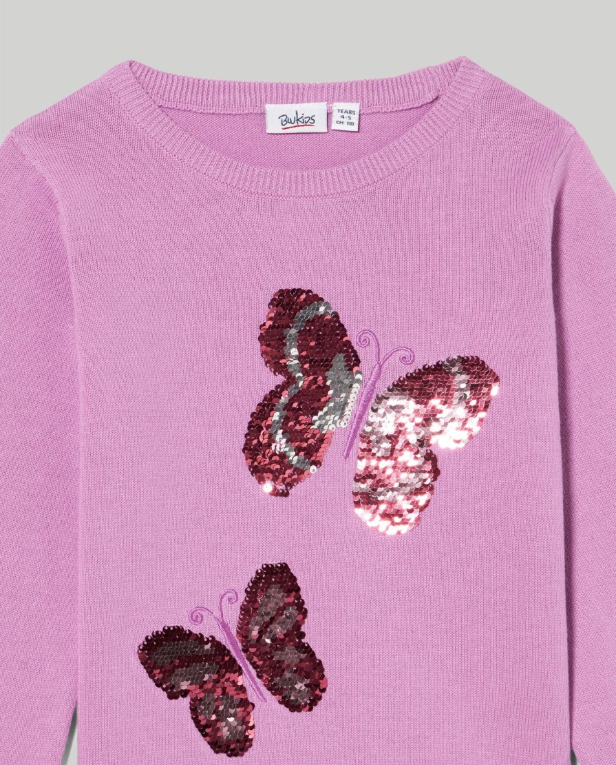 Bambini Blukids Maglioni | Tricot Girocollo In Puro Cotone Con Paillettes Bambina