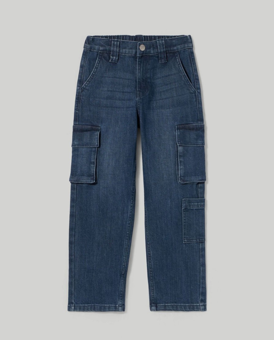 Bambini Blukids Jeans E Pantaloni | Denim Cargo In Denim Stretch Bambino