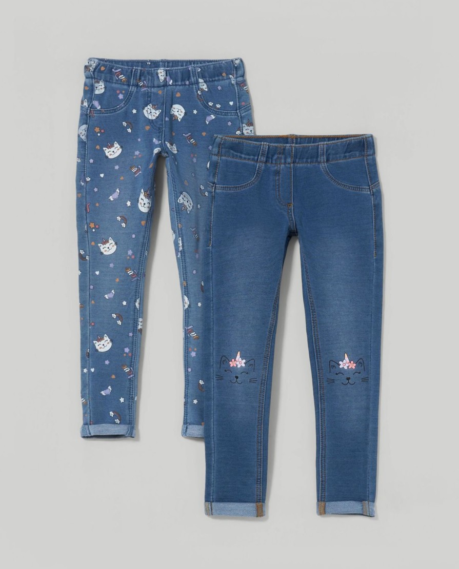 Bambini Blukids Jeans E Pantaloni | Pack 2 Treggings In Felpa Denim Bambina