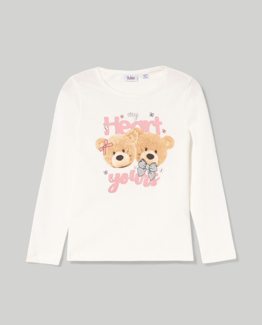 Bambini Blukids Magliette | T-Shirt Lunga In Puro Cotone Con Stampa Glitter Bambina