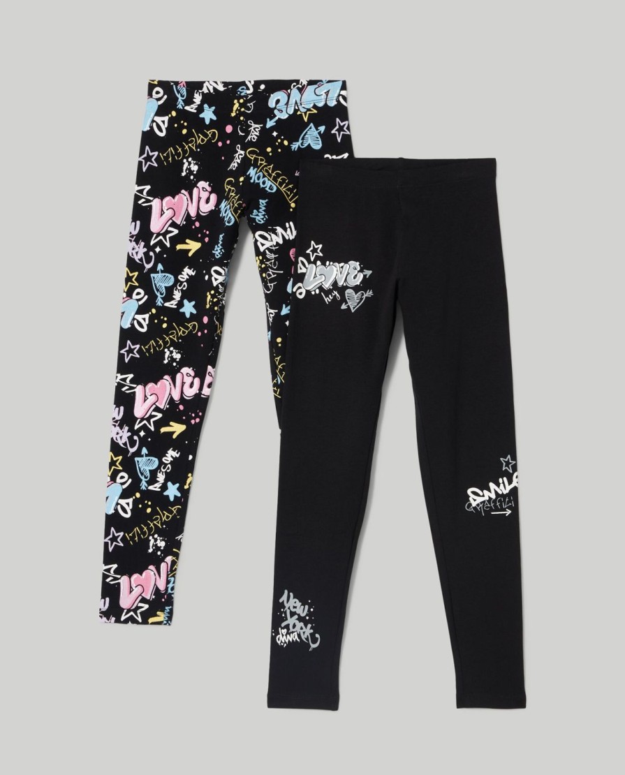 Ragazzi Blukids Jeans E Pantaloni | Pack 2 Leggings In Cotone Elasticizzato Stampati Ragazza