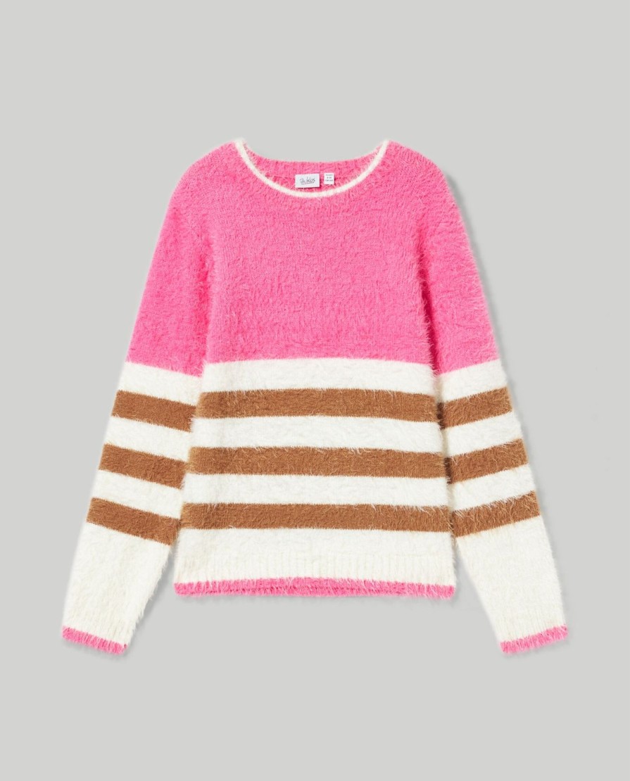 Ragazzi Blukids Maglioni | Tricot Rigato Con Filato Effetto Pelliccia Ragazza