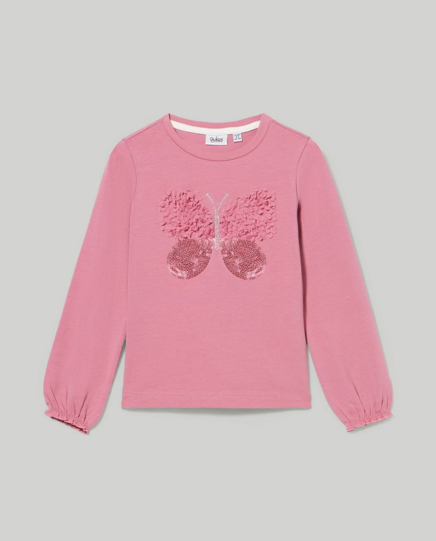 Bambini Blukids Magliette | T-Shirt In Cotone Elasticizzato Con Paillettes E Voile Bambina