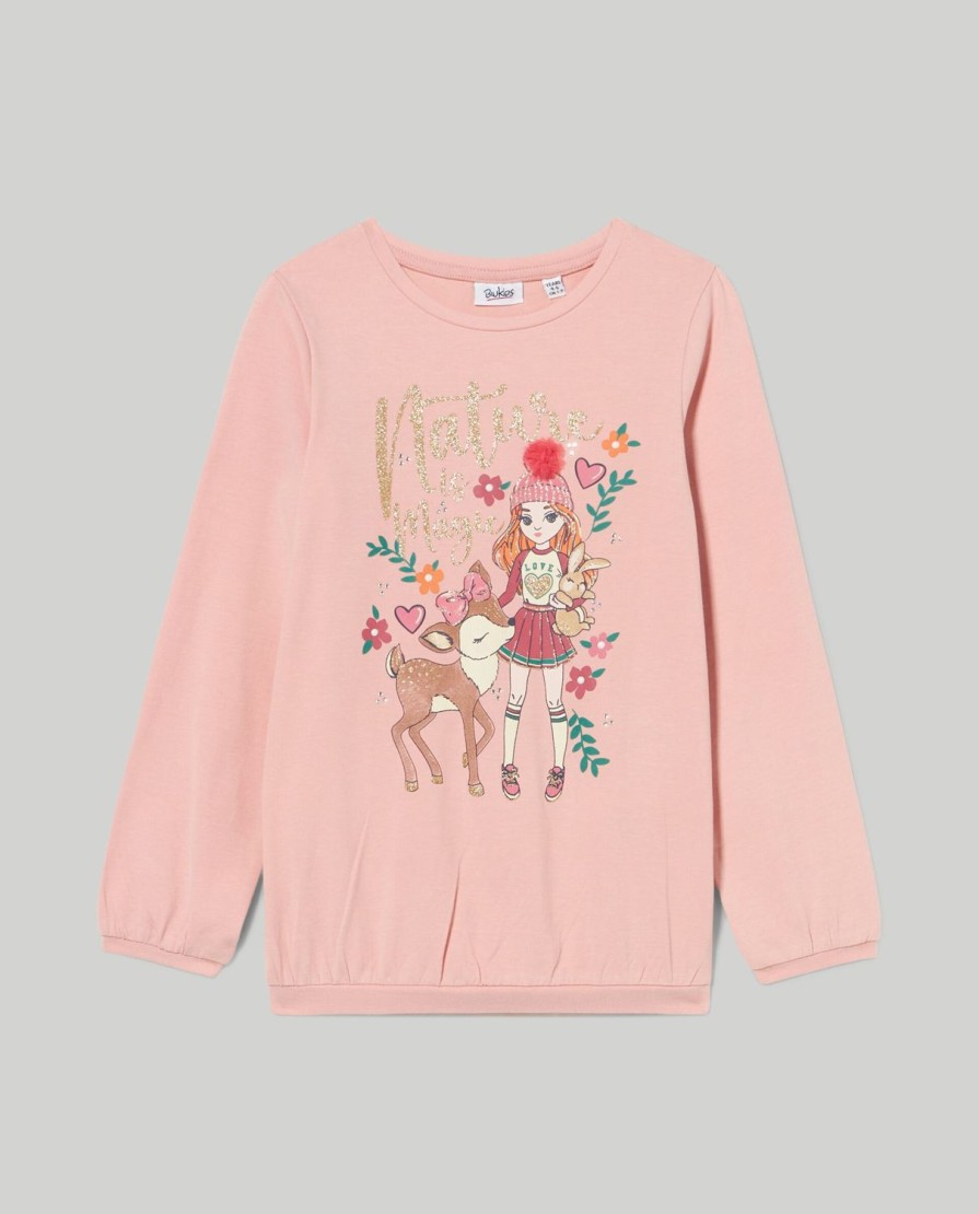 Bambini Blukids Magliette | T-Shirt In Cotone Elasticizzato Con Stampa Glitter Bambina