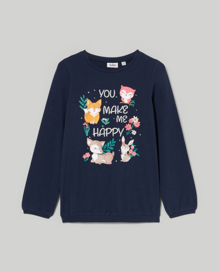 Bambini Blukids Magliette | T-Shirt In Cotone Elasticizzato Con Stampa Glitter Bambina