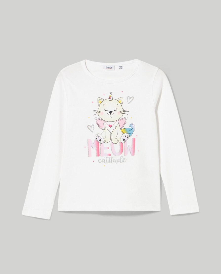 Bambini Blukids Magliette | T-Shirt Lunga In Puro Cotone Con Stampa Glitter Bambina